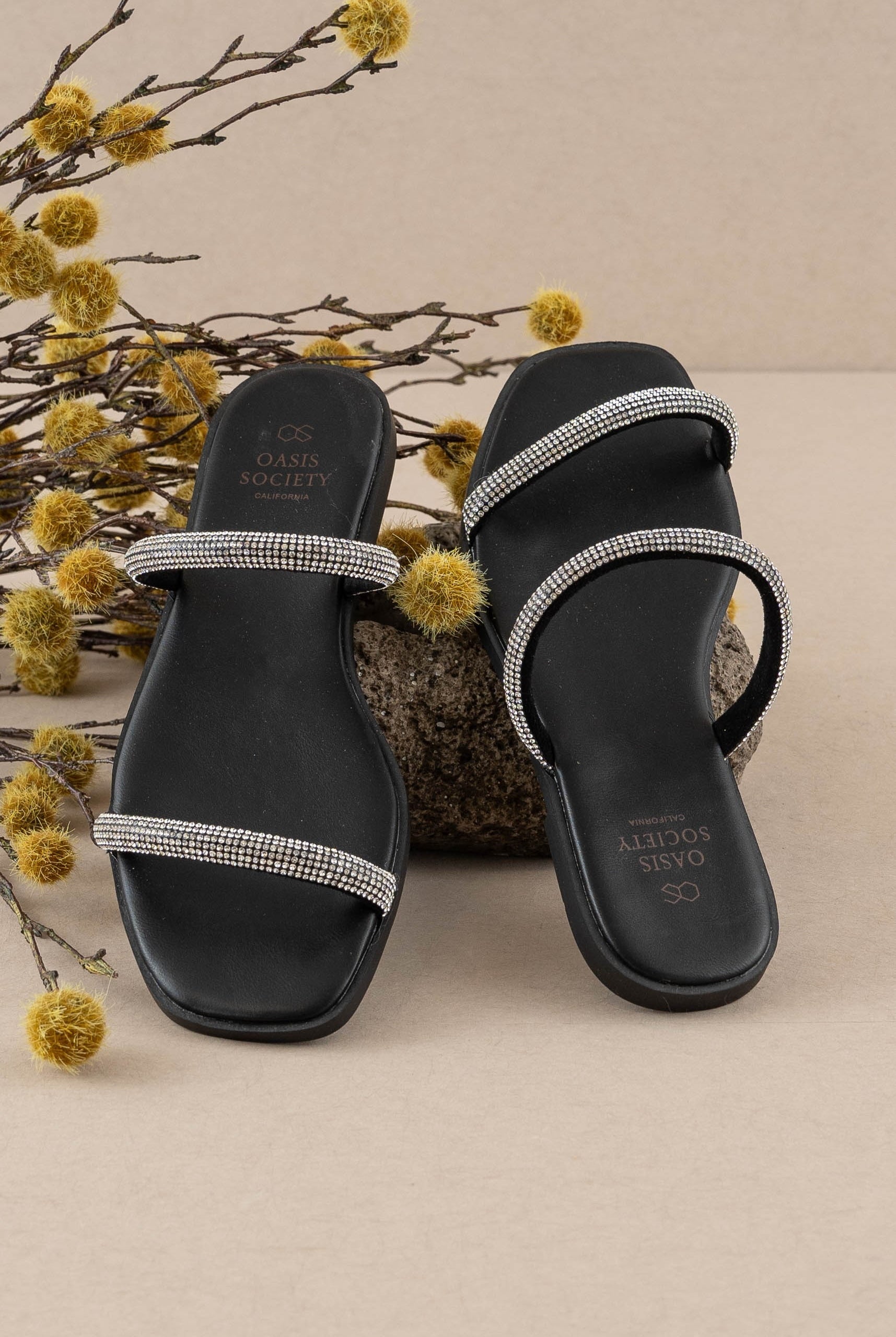 Rhinestone strappy flat slide sandals from RARA Boutique featuring sparkling rhinestones and a simple sandal design.