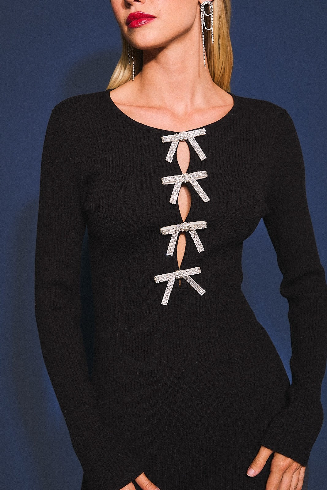 Rhinestone Bow Cutout Long Sleeve Sweater Dress - Le Lis - RARA Boutique