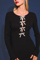 Rhinestone Bow Cutout Long Sleeve Sweater Dress - Le Lis - RARA Boutique