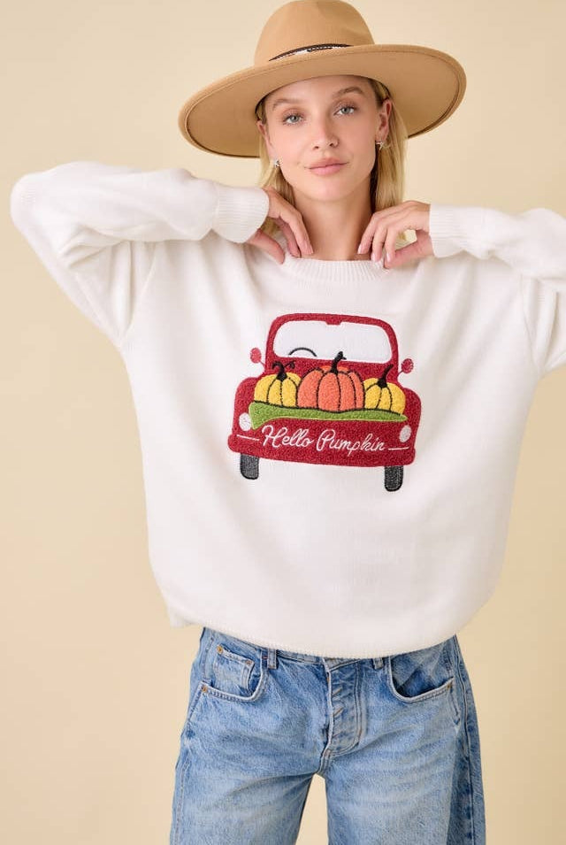 Textured Pumpkin Patch Truck Embroidered Patchwork Sweater - Main Strip - RARA Boutique