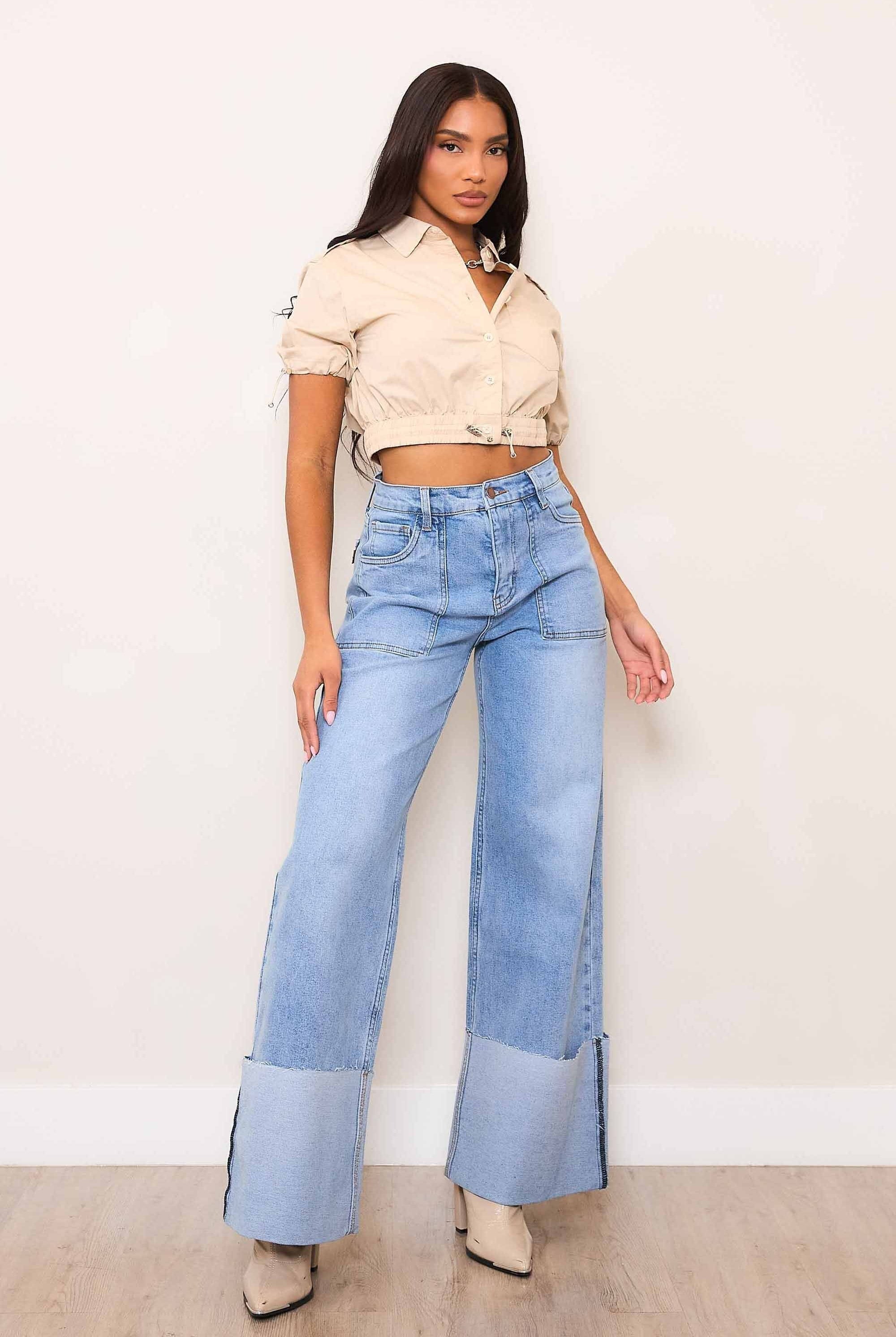 High Rise Wide Leg Patch Pocket Cuffed Jeans - Vibrant M.i.U - RARA Boutique