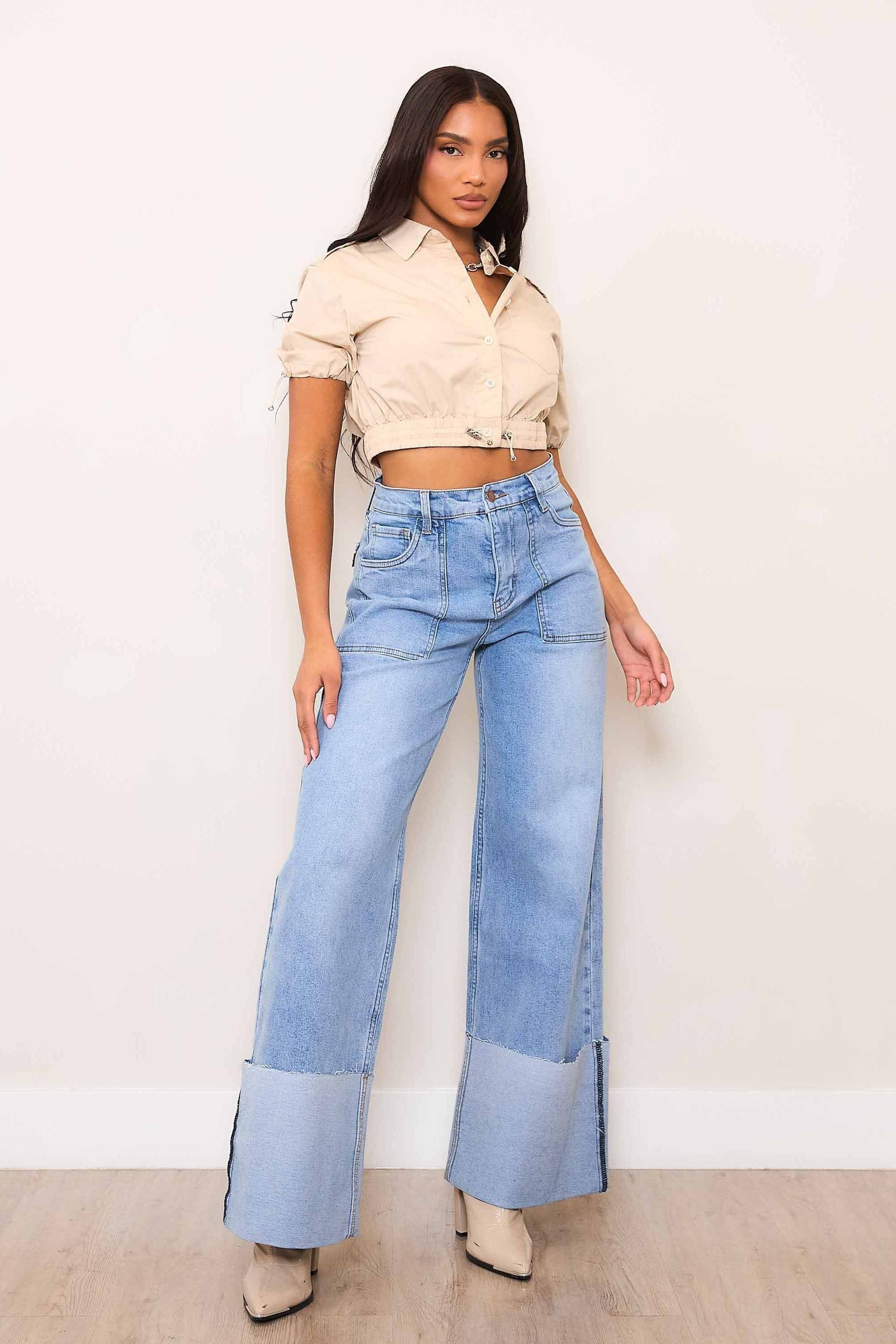 High Rise Wide Leg Patch Pocket Cuffed Jeans - Vibrant M.i.U - RARA Boutique