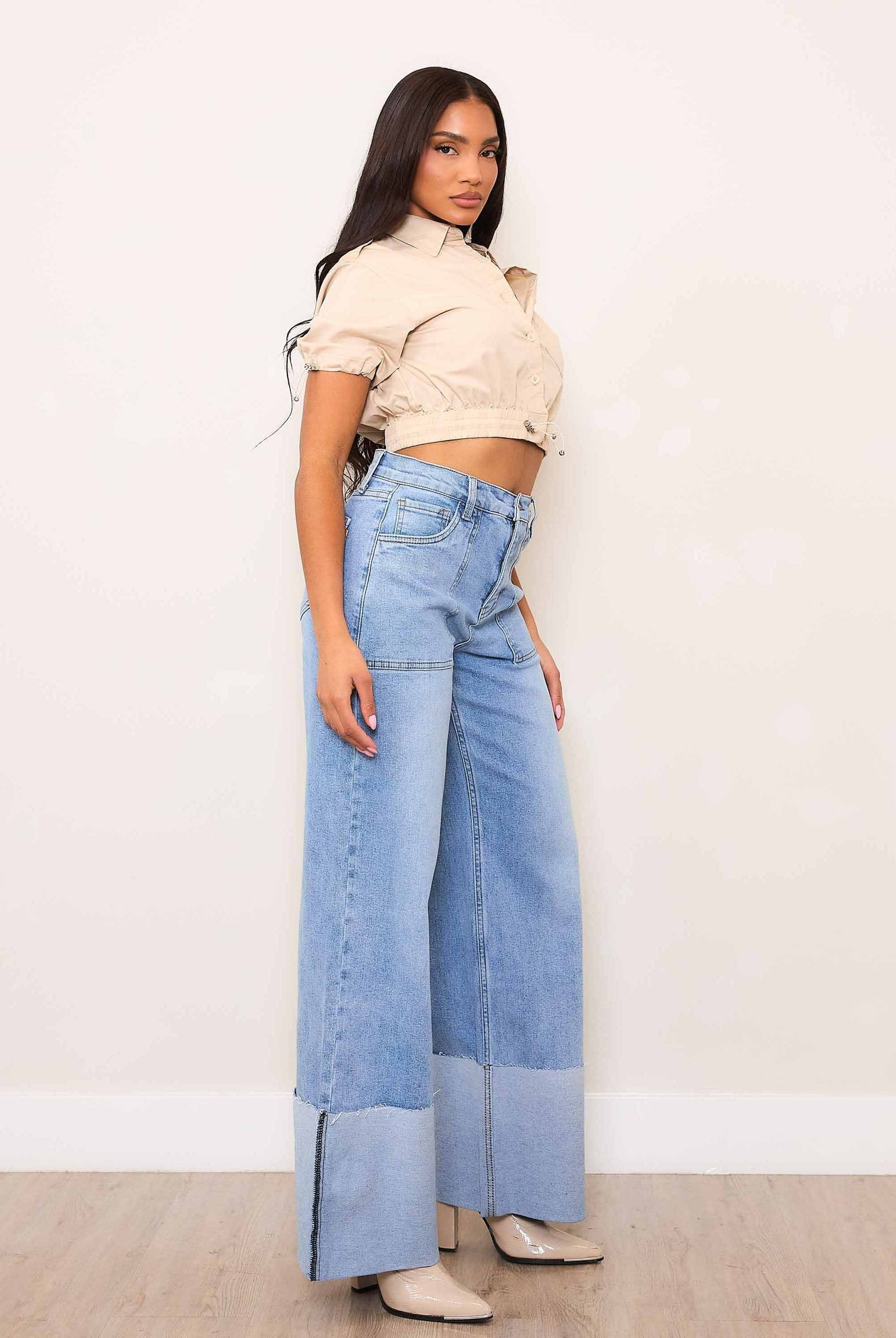 High Rise Wide Leg Patch Pocket Cuffed Jeans - Vibrant M.i.U - RARA Boutique