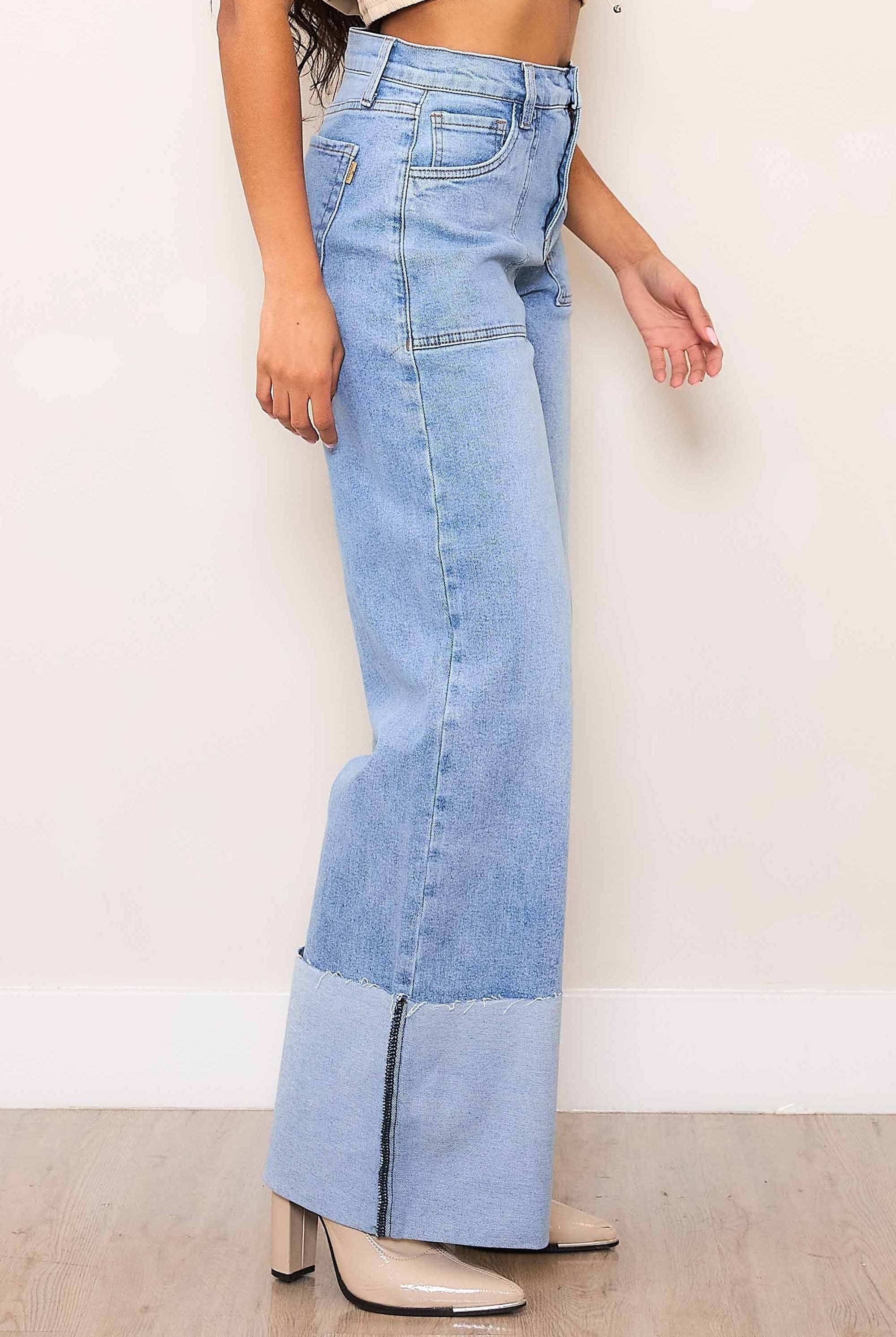 High Rise Wide Leg Patch Pocket Cuffed Jeans - Vibrant M.i.U - RARA Boutique