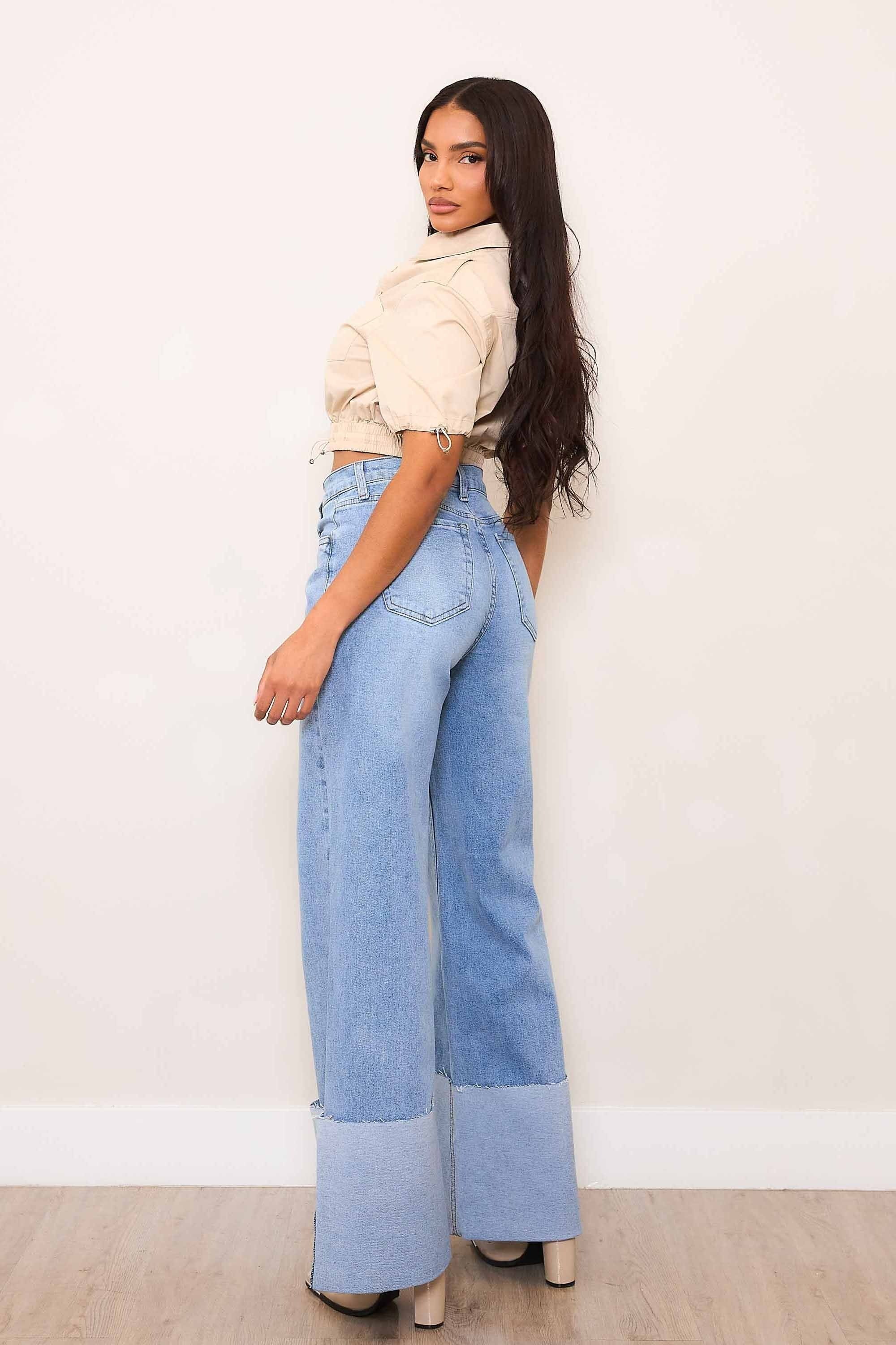 High Rise Wide Leg Patch Pocket Cuffed Jeans - Vibrant M.i.U - RARA Boutique