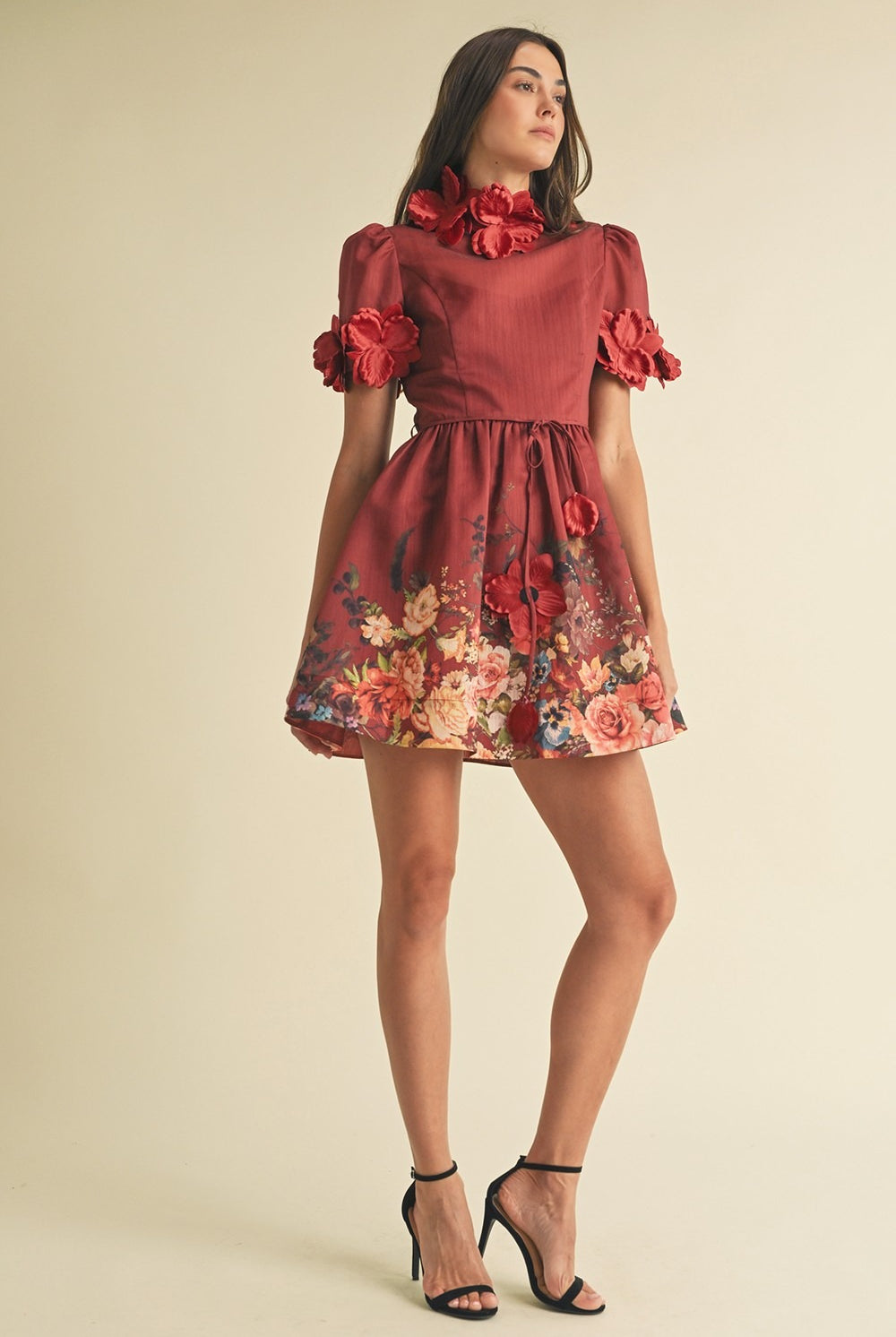 3D Floral Trim High Neck Short Sleeve Mini Dress - EB Luxe - RARA Boutique