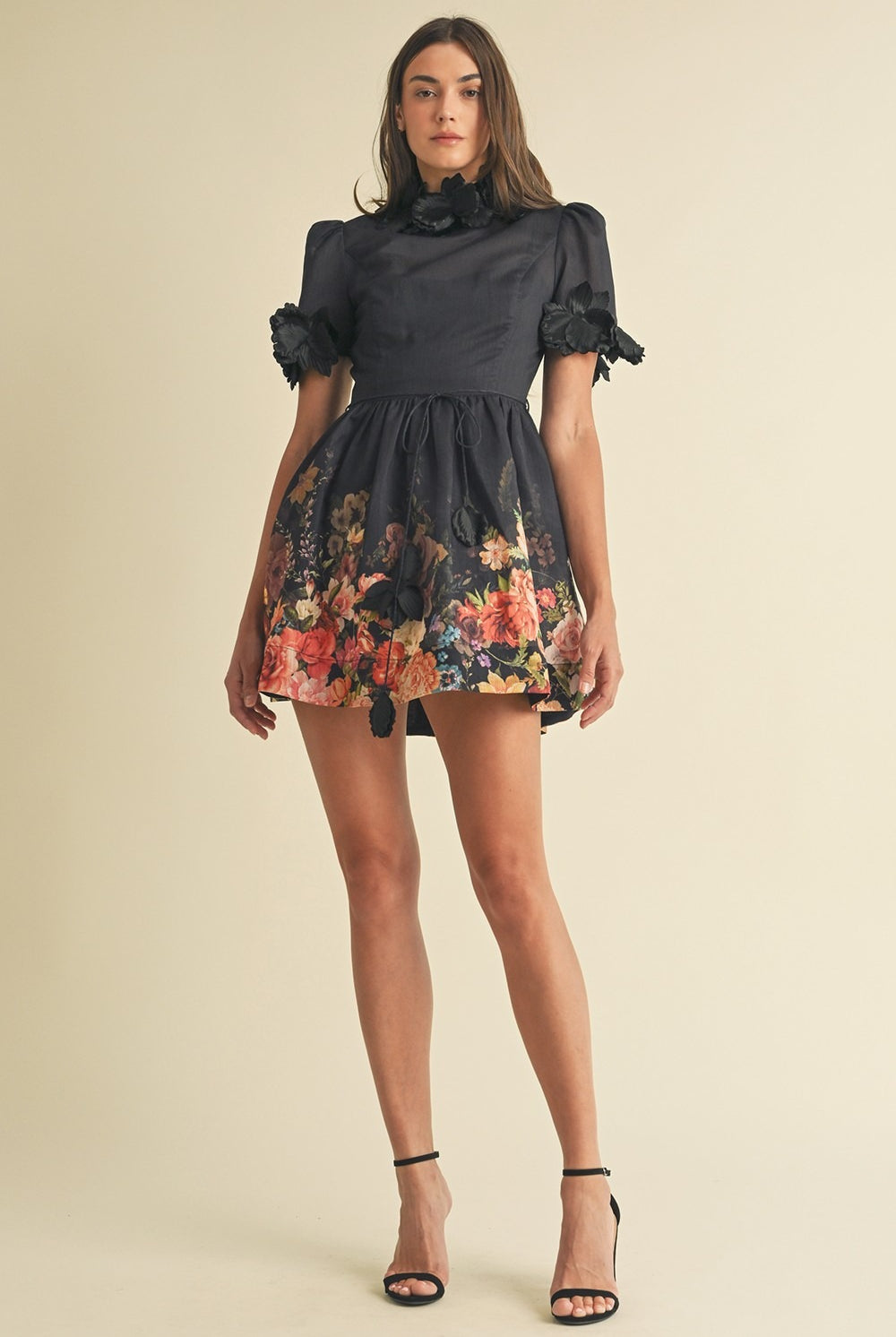 3D Floral Trim High Neck Short Sleeve Mini Dress - EB Luxe - RARA Boutique