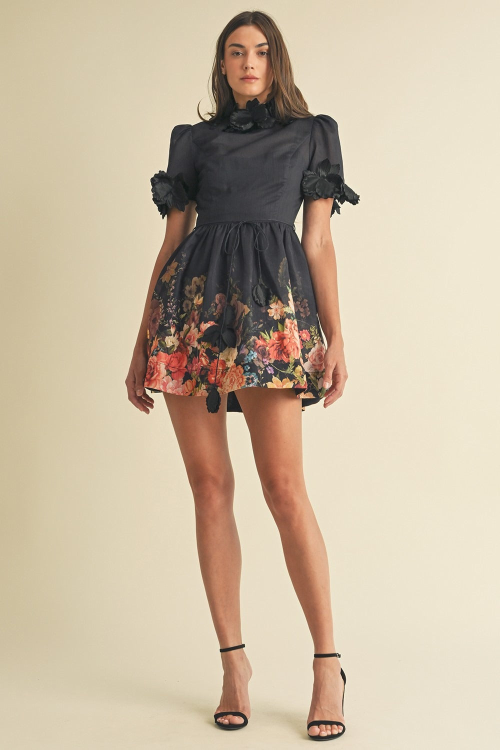 3D Floral Trim High Neck Short Sleeve Mini Dress - EB Luxe - RARA Boutique