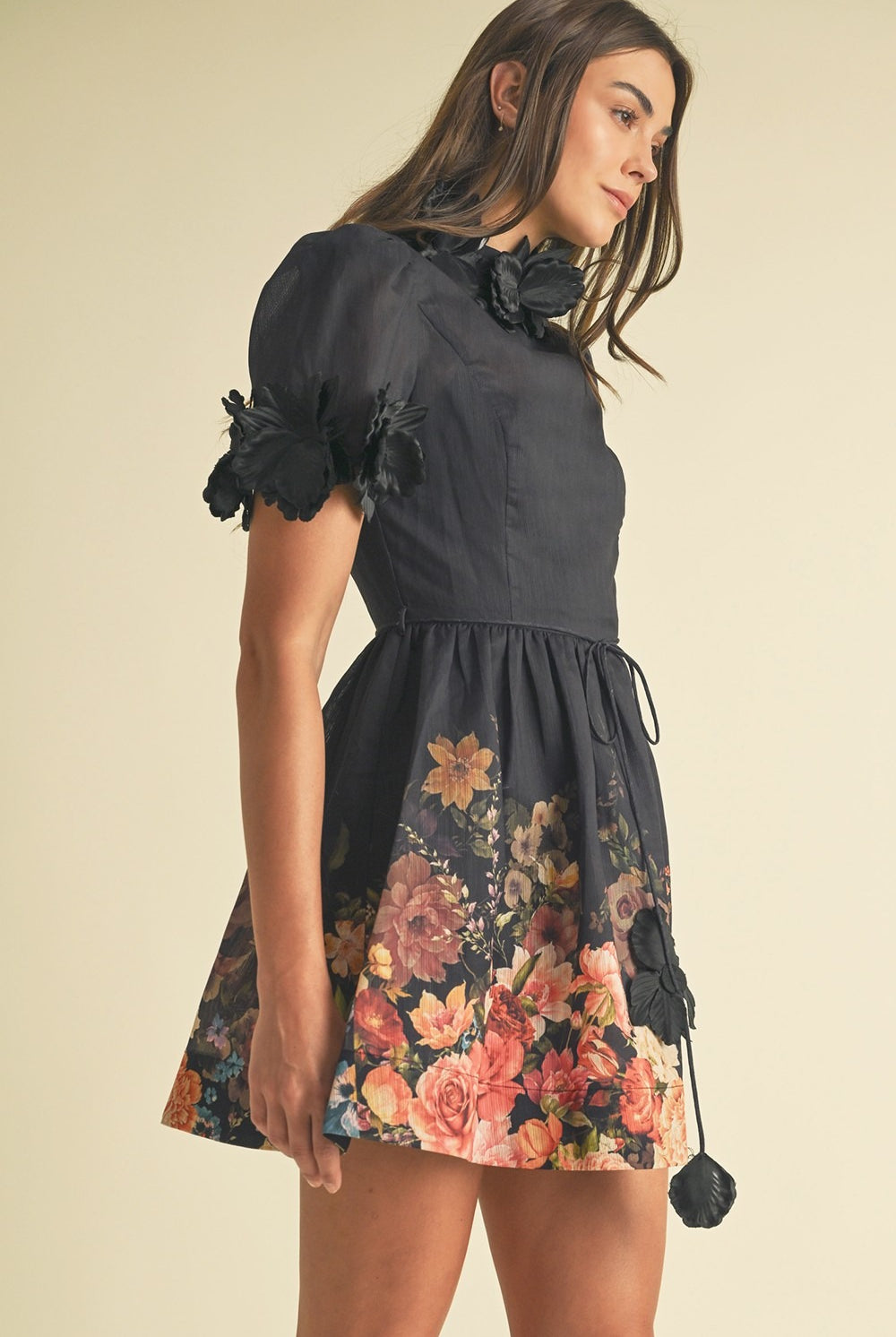 3D Floral Trim High Neck Short Sleeve Mini Dress - EB Luxe - RARA Boutique