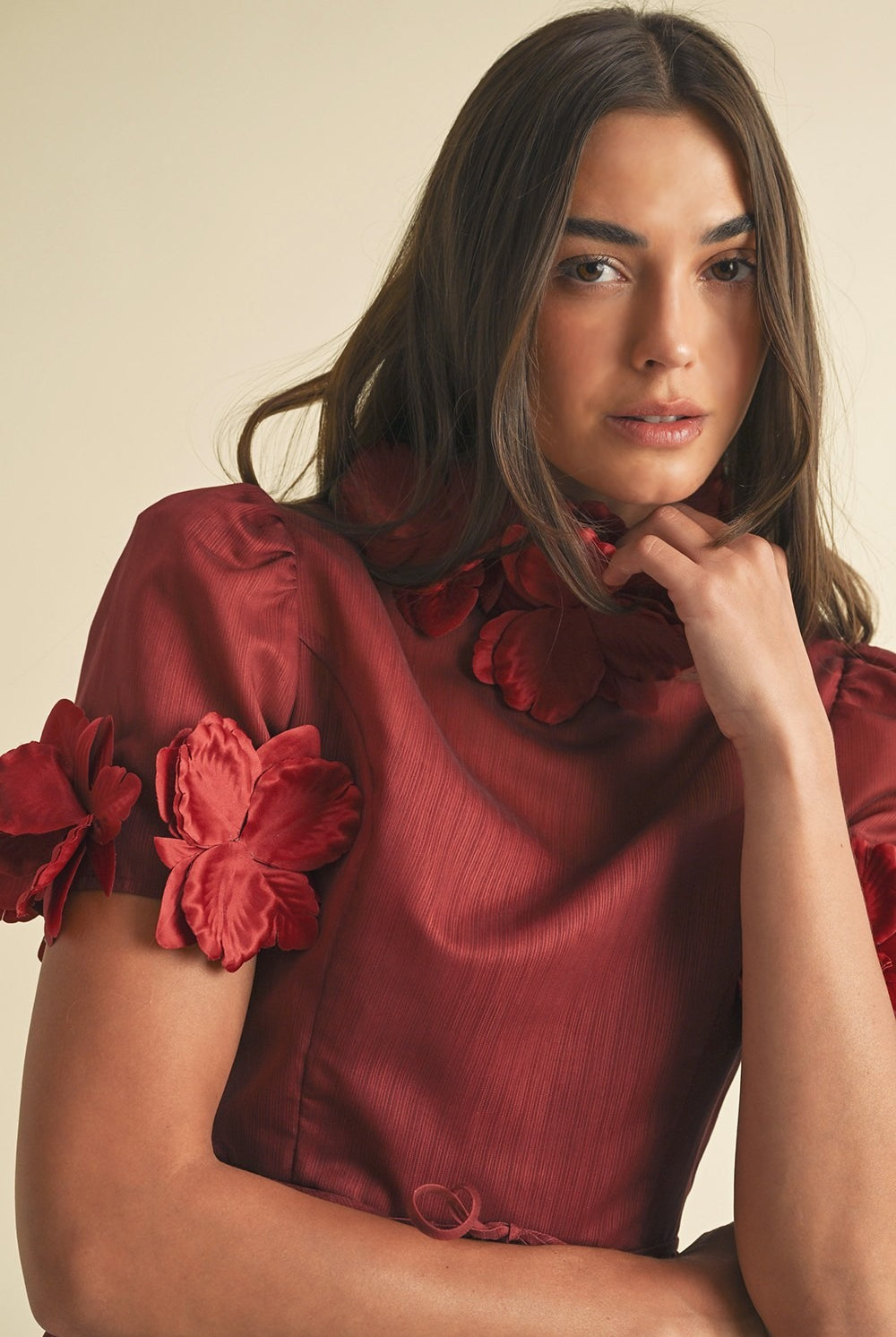 3D Floral Trim High Neck Short Sleeve Mini Dress - EB Luxe - RARA Boutique