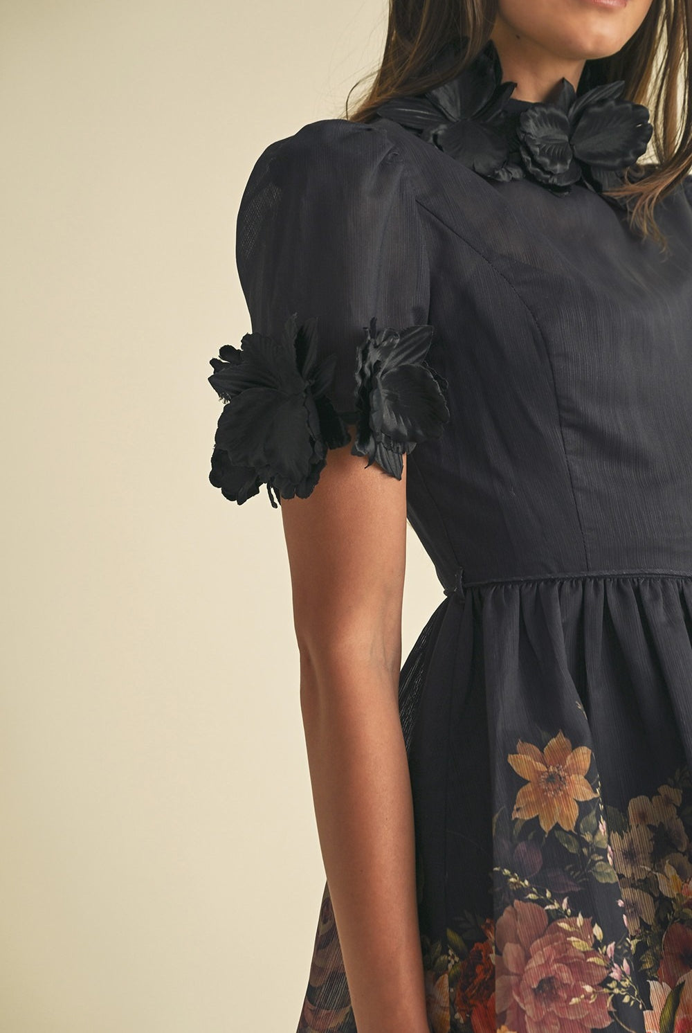 3D Floral Trim High Neck Short Sleeve Mini Dress - EB Luxe - RARA Boutique