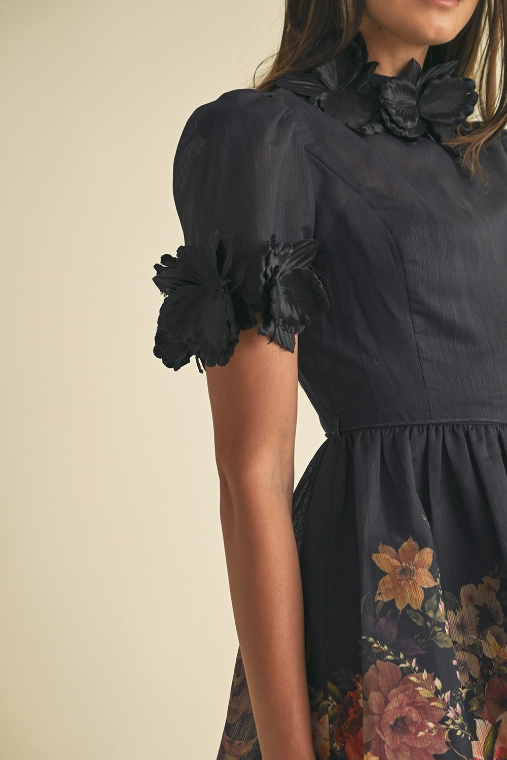 3D Floral Trim High Neck Short Sleeve Mini Dress - EB Luxe - RARA Boutique