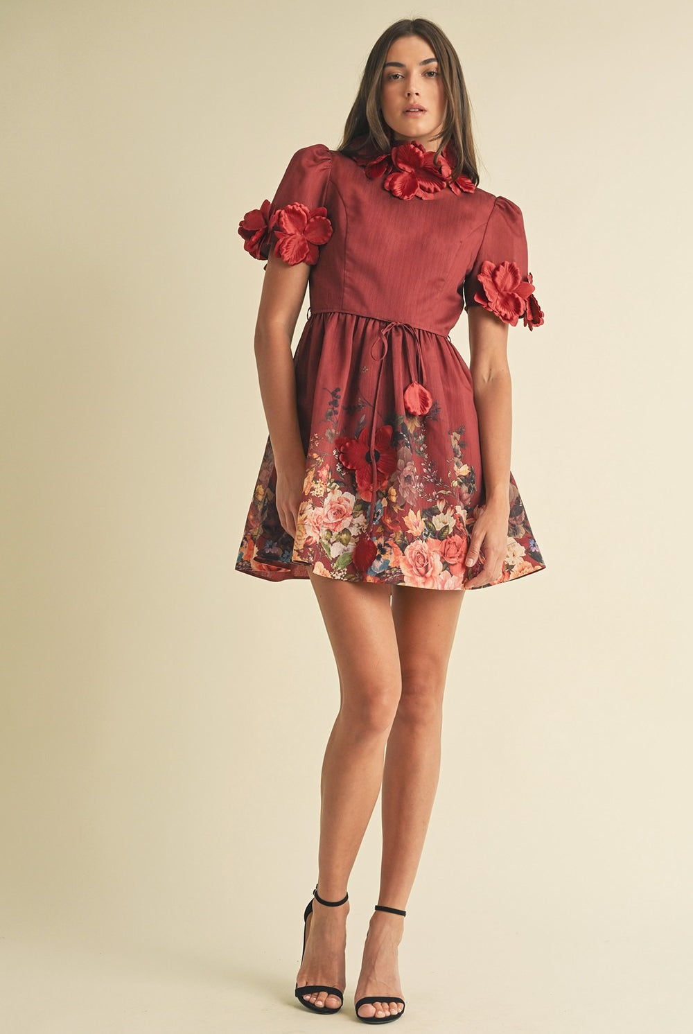 3D Floral Trim High Neck Short Sleeve Mini Dress - EB Luxe - RARA Boutique