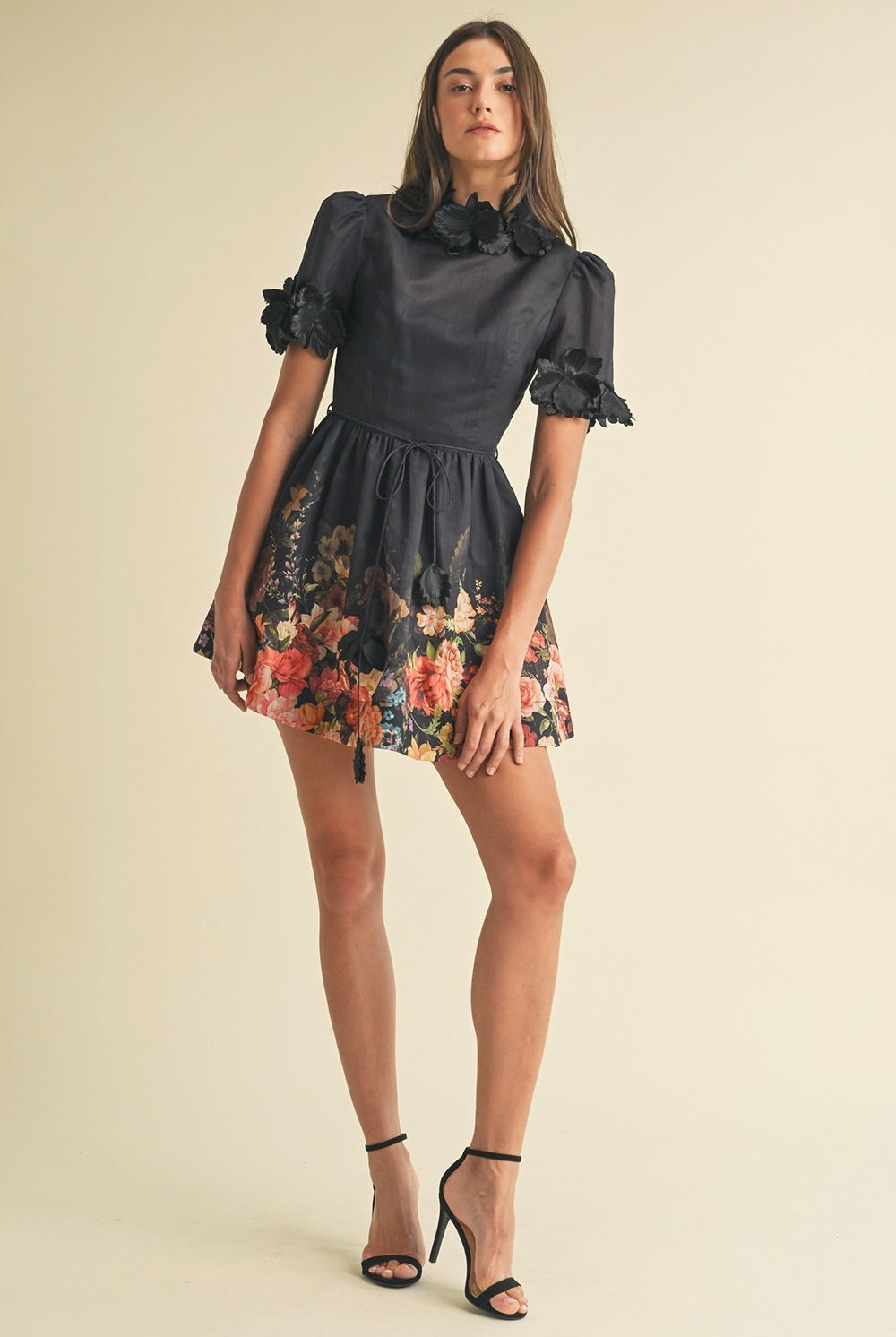 3D Floral Trim High Neck Short Sleeve Mini Dress - EB Luxe - RARA Boutique