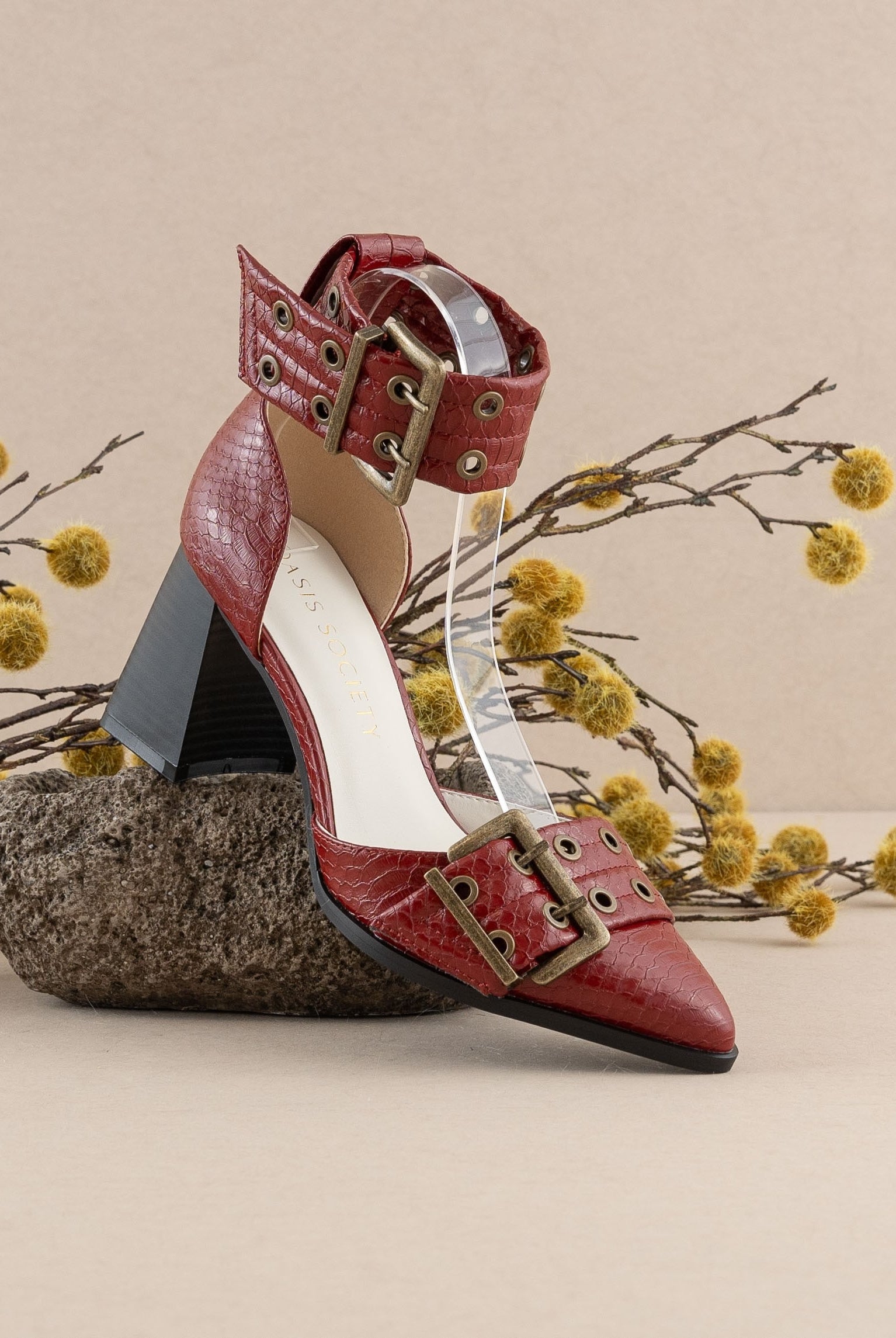 Croc-embossed Double Buckle Pointed Toe Heels - Oasis Society - RARA Boutique