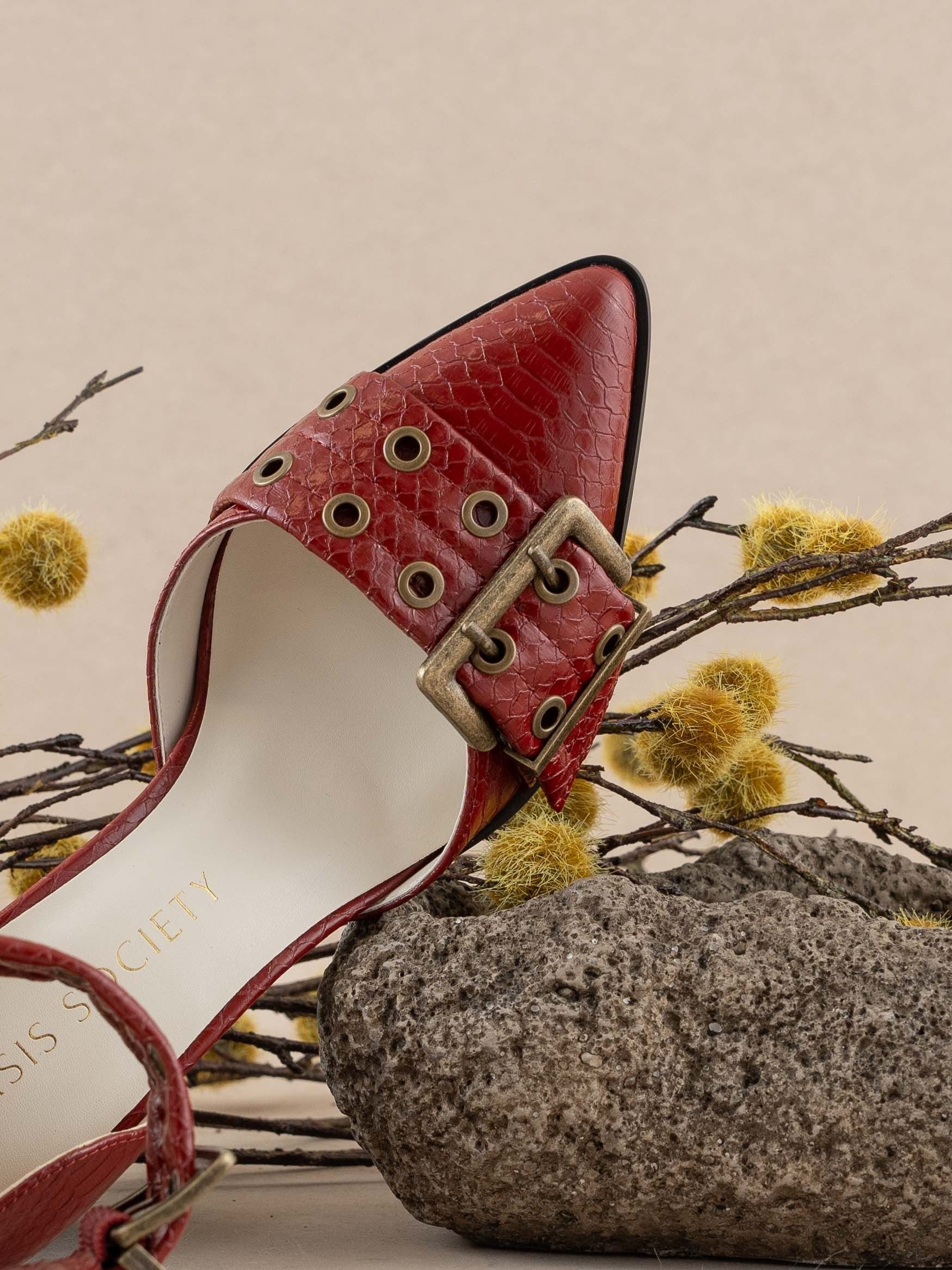 Croc-embossed Double Buckle Pointed Toe Heels - Oasis Society - RARA Boutique