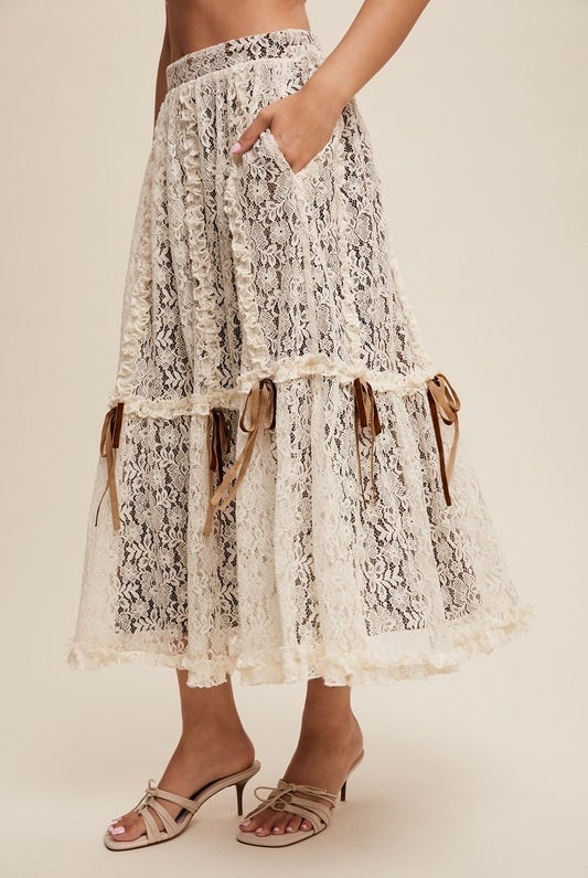 Lace & Velvet Layered Tiered Midi Skirt with Bows - Listicle - RARA Boutique