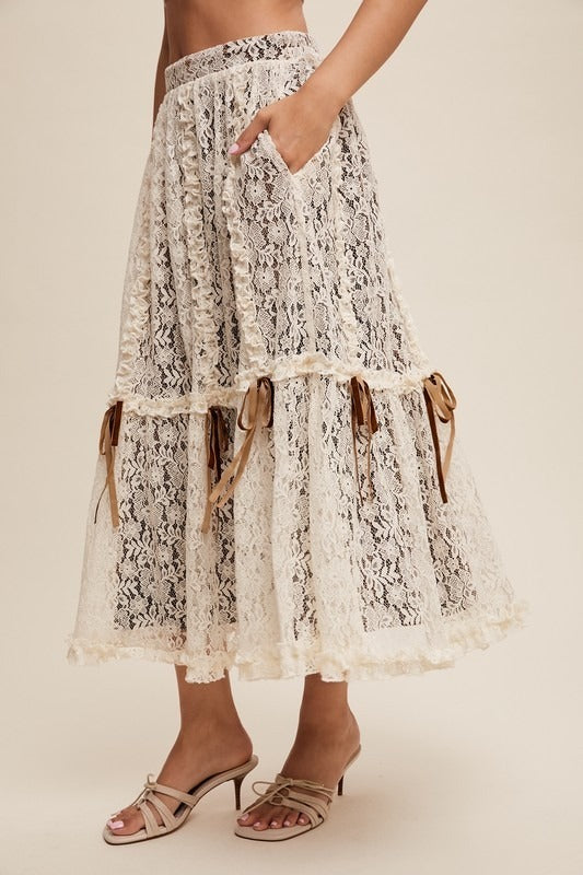 Lace & Velvet Layered Tiered Midi Skirt with Bows - Listicle - RARA Boutique