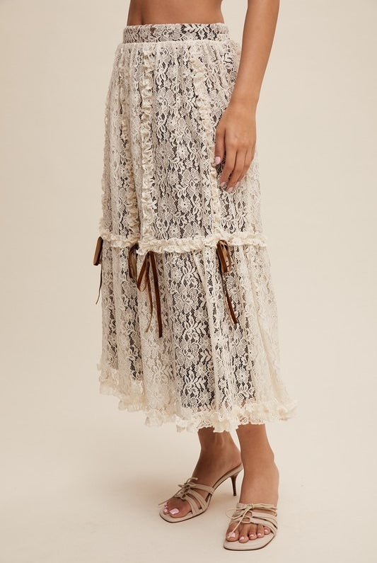 Lace & Velvet Layered Tiered Midi Skirt with Bows - Listicle - RARA Boutique