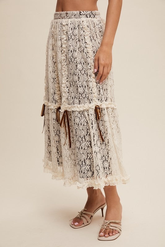 Lace & Velvet Layered Tiered Midi Skirt with Bows - Listicle - RARA Boutique