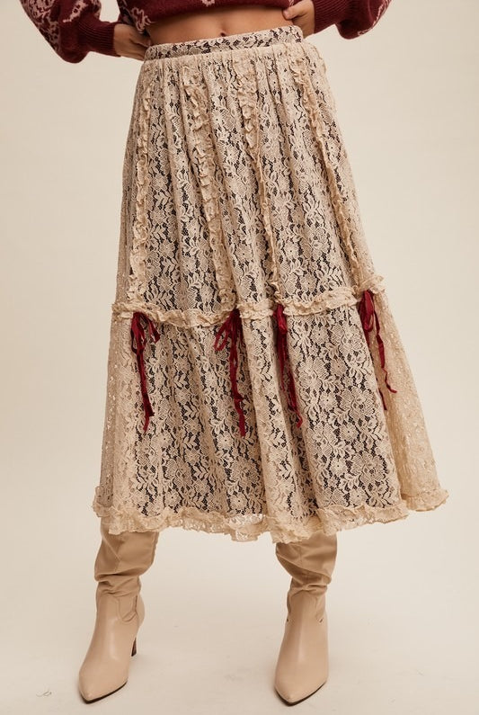 Lace & Velvet Layered Tiered Midi Skirt with Bows - Listicle - RARA Boutique