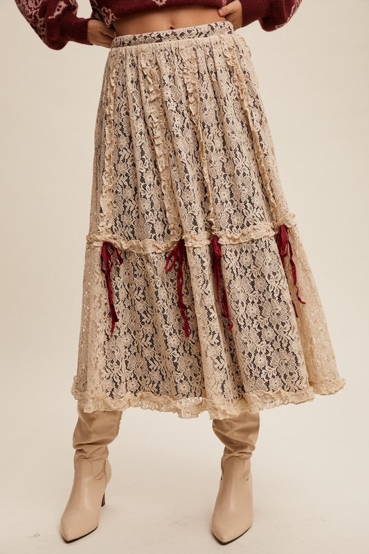 Lace & Velvet Layered Tiered Midi Skirt with Bows - Listicle - RARA Boutique