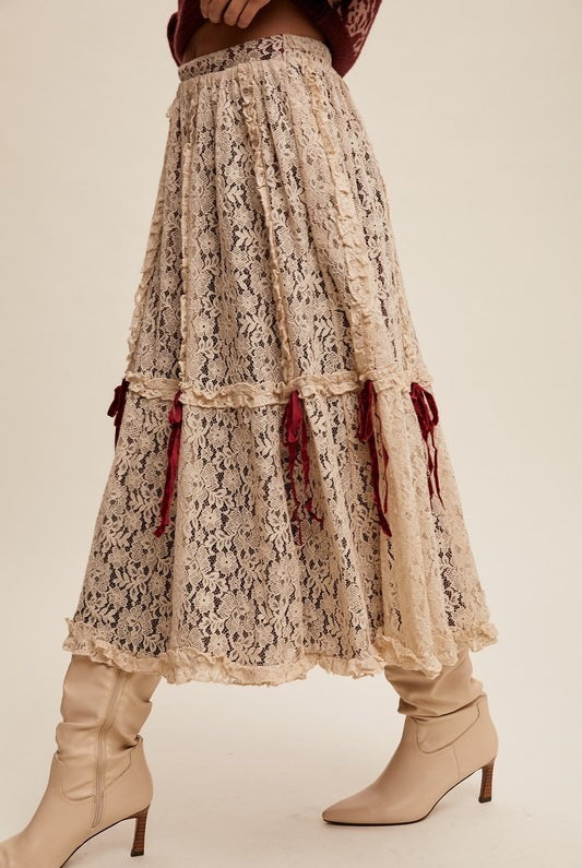Lace & Velvet Layered Tiered Midi Skirt with Bows - Listicle - RARA Boutique