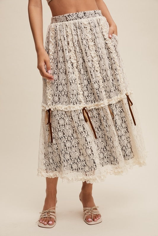 Lace & Velvet Layered Tiered Midi Skirt with Bows - Listicle - RARA Boutique
