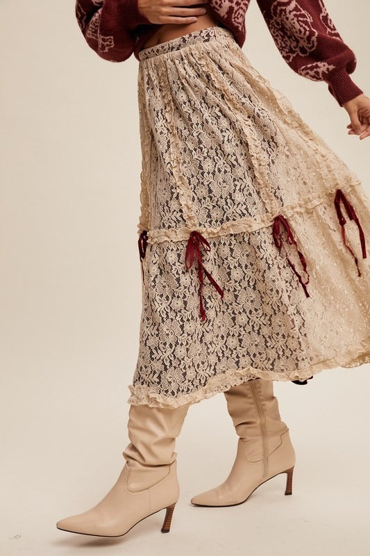 Lace & Velvet Layered Tiered Midi Skirt with Bows - Listicle - RARA Boutique