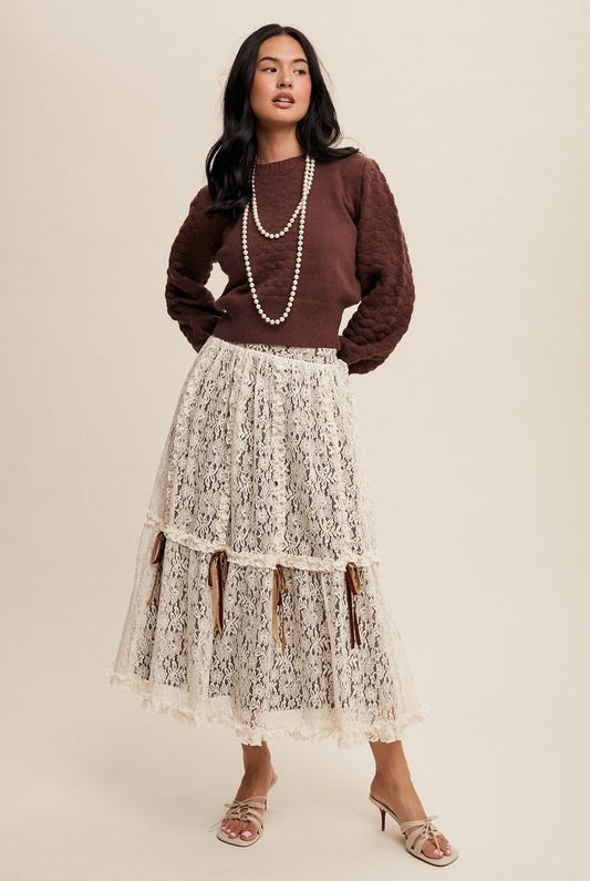 Lace & Velvet Layered Tiered Midi Skirt with Bows - Listicle - RARA Boutique
