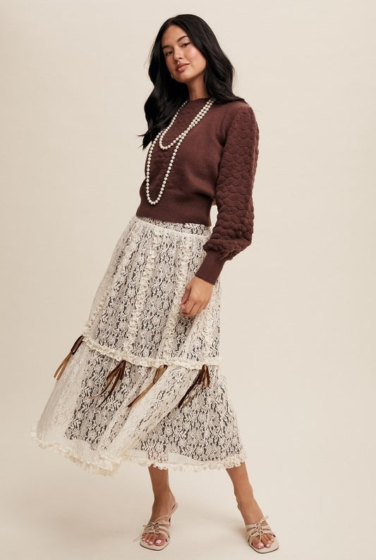 Lace & Velvet Layered Tiered Midi Skirt with Bows - Listicle - RARA Boutique