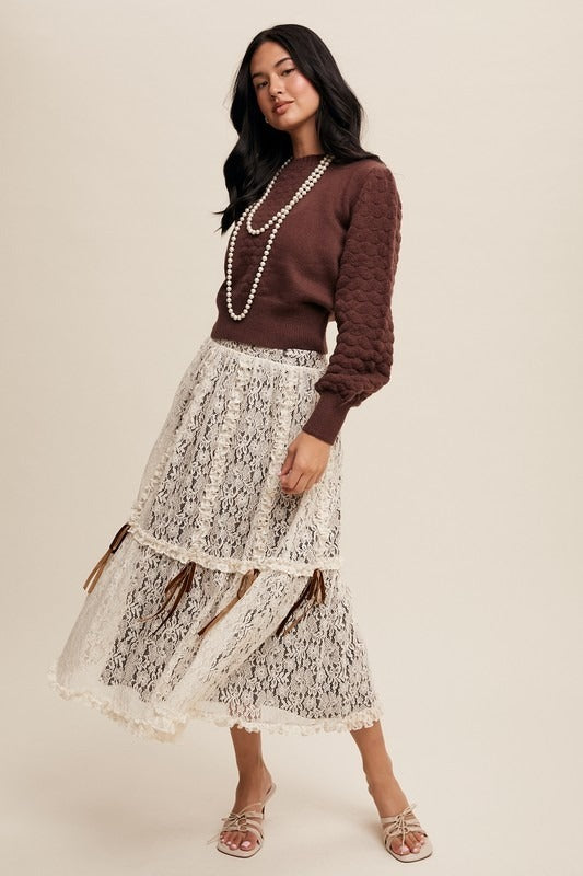 Lace & Velvet Layered Tiered Midi Skirt with Bows - Listicle - RARA Boutique