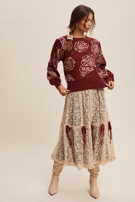 Lace & Velvet Layered Tiered Midi Skirt with Bows - Listicle - RARA Boutique