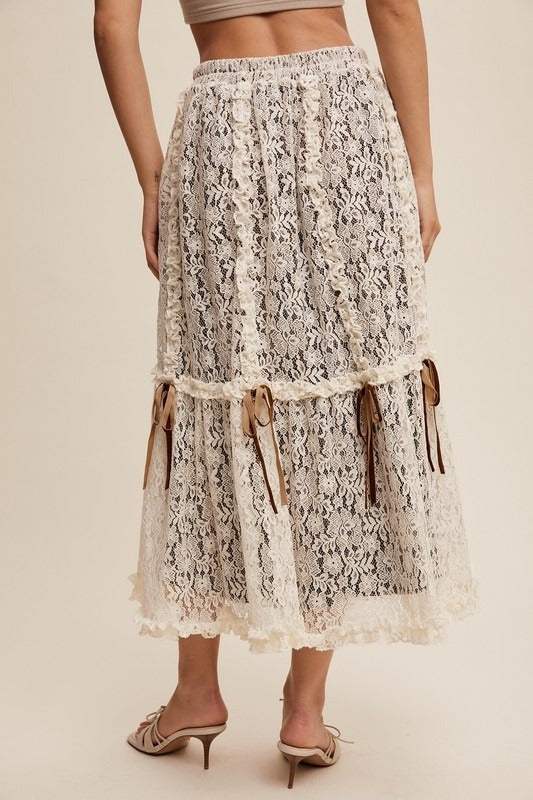 Lace & Velvet Layered Tiered Midi Skirt with Bows - Listicle - RARA Boutique