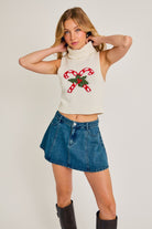 Candy Cane Mistletoe Turtle Neck Sleeveless Graphic Sweater - Le Lis - RARA Boutique