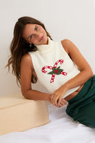 Candy Cane Mistletoe Turtle Neck Sleeveless Graphic Sweater - Le Lis - RARA Boutique