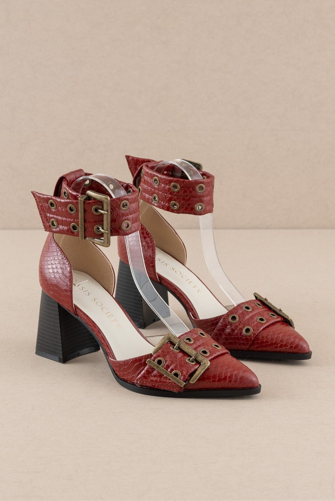 Croc-embossed Double Buckle Pointed Toe Heels - Oasis Society - RARA Boutique