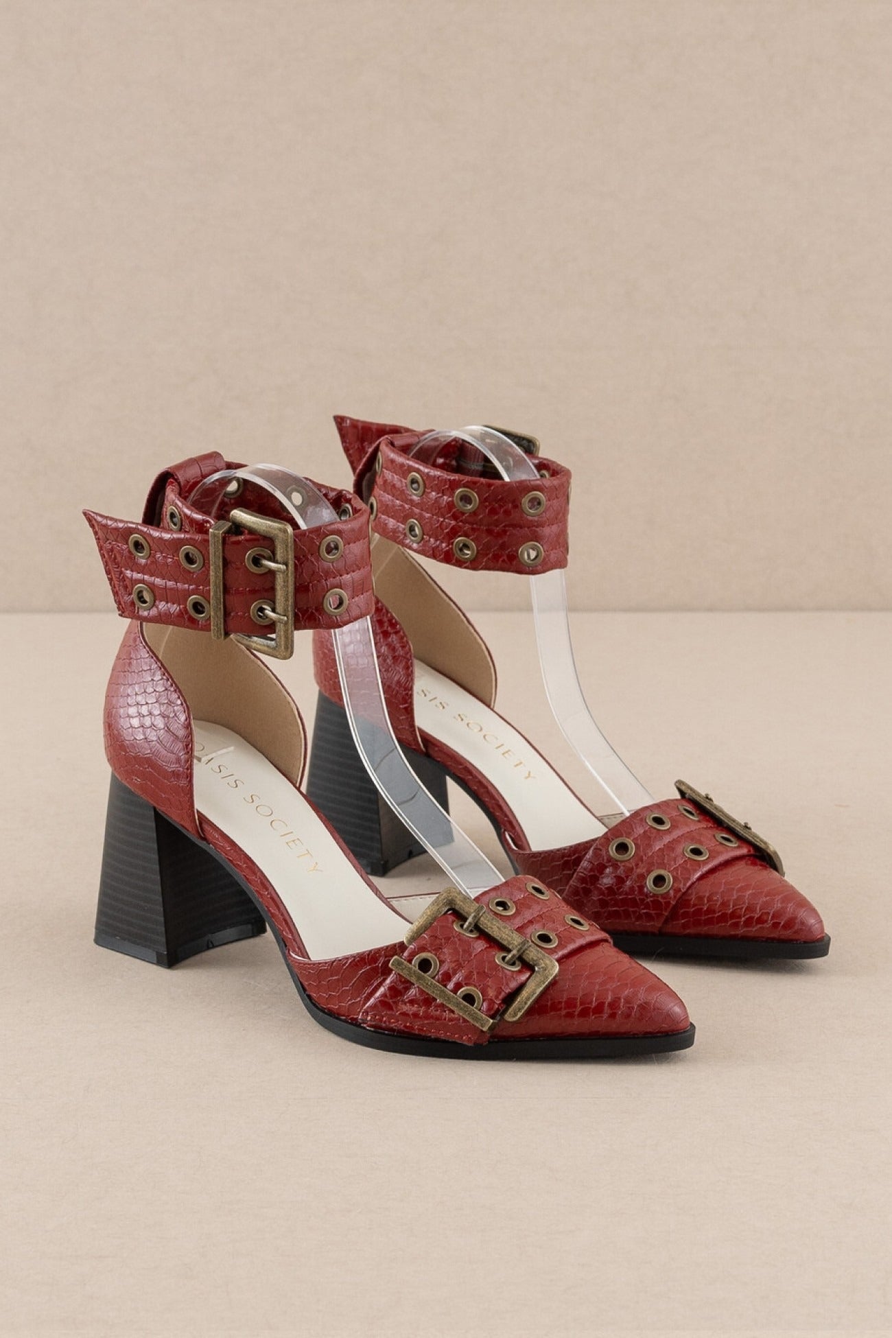 Croc-embossed Double Buckle Pointed Toe Heels - Oasis Society - RARA Boutique