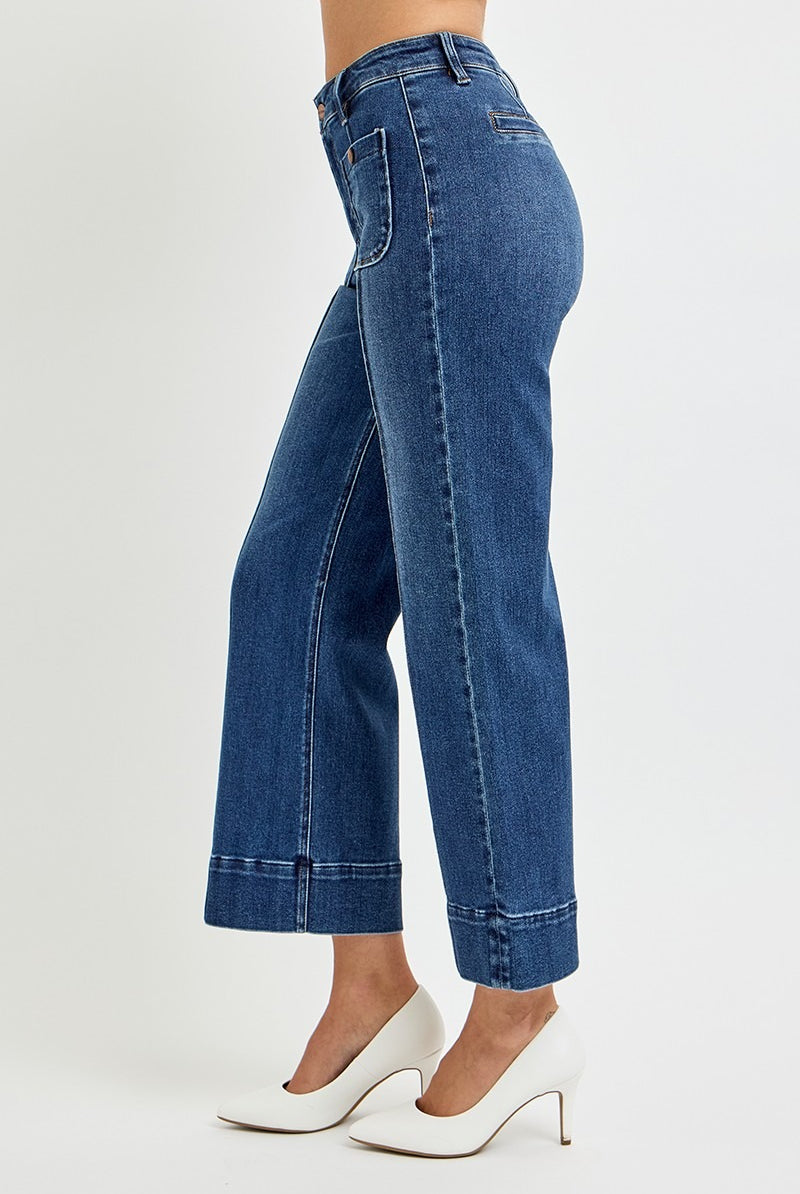 Pintuck Square Patch Pocket Wide Leg Cropped Jeans - Risen - RARA Boutique