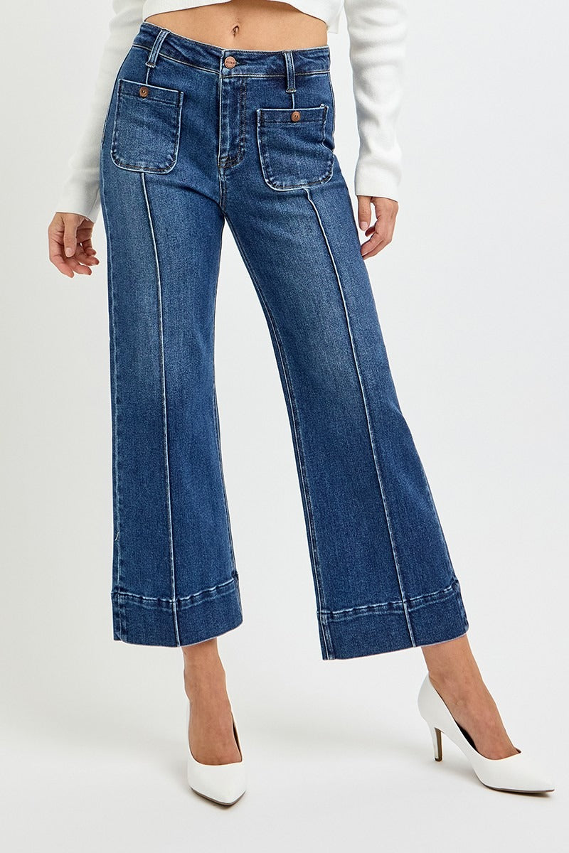 Pintuck Square Patch Pocket Wide Leg Cropped Jeans - Risen - RARA Boutique