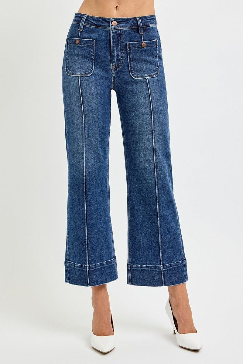 Pintuck Square Patch Pocket Wide Leg Cropped Jeans - Risen - RARA Boutique