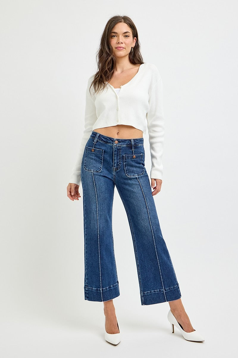 Pintuck Square Patch Pocket Wide Leg Cropped Jeans - Risen - RARA Boutique