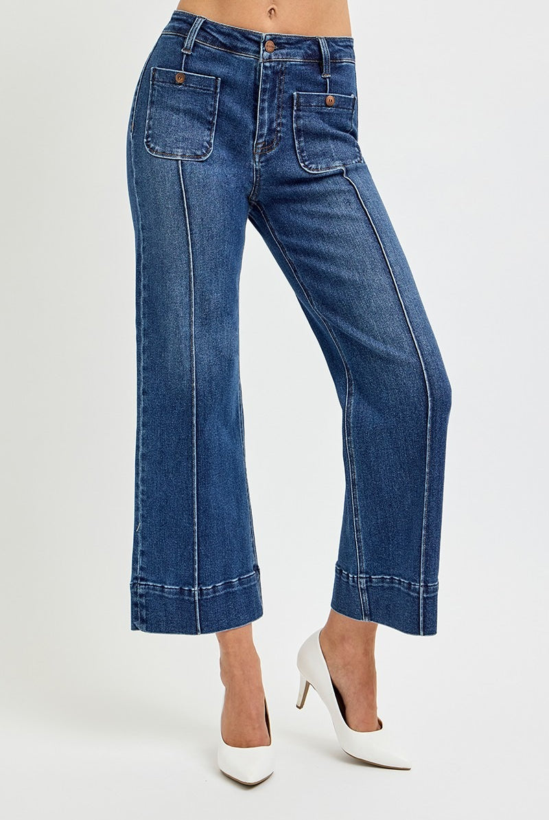 Pintuck Square Patch Pocket Wide Leg Cropped Jeans - Risen - RARA Boutique