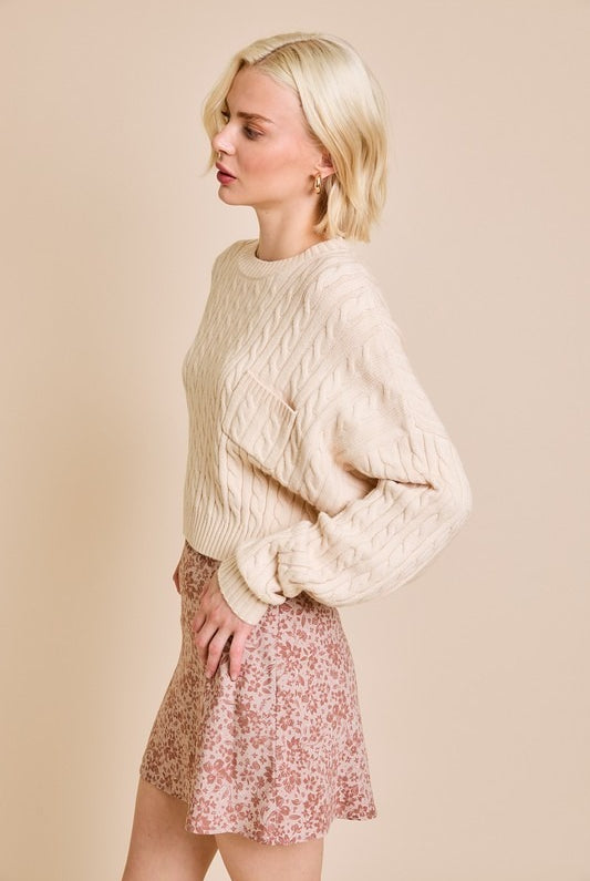 Dolman Sleeve Cable Knit Cropped Sweater with Pocket - Le Lis - RARA Boutique