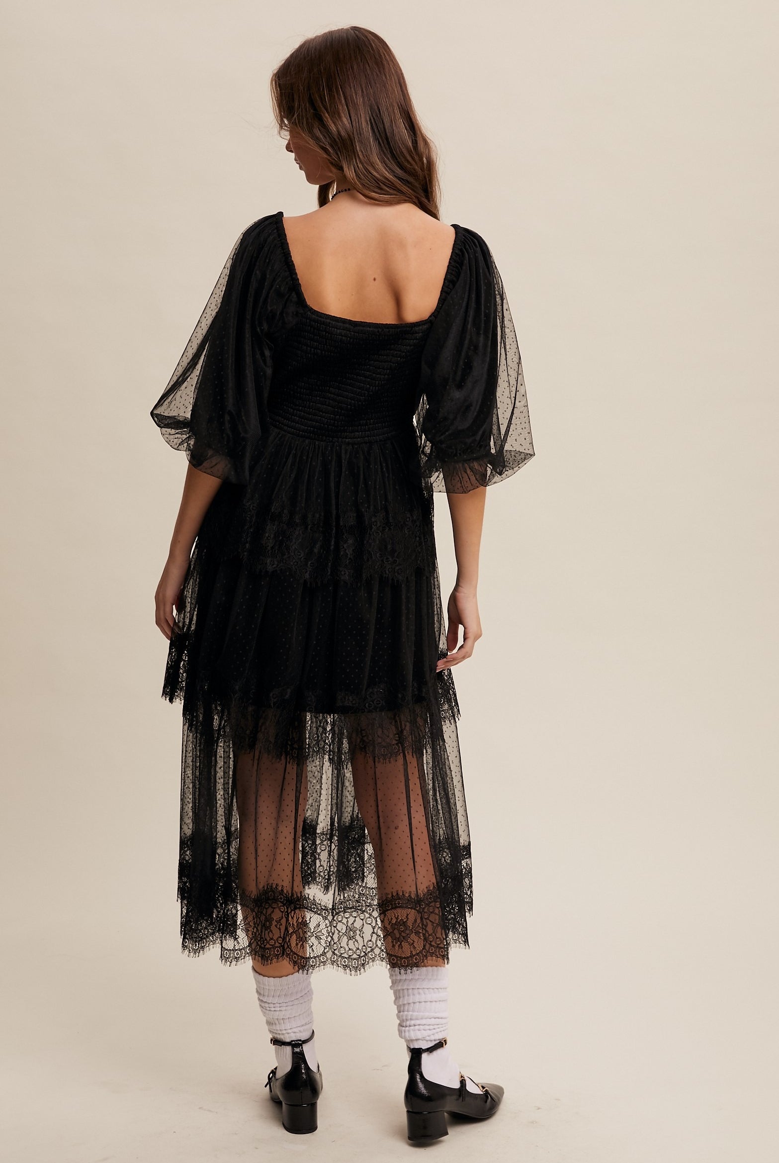 Tiered Lace and Velvet Bustier Midi Dress with Puff Sleeves - Listicle - RARA Boutique