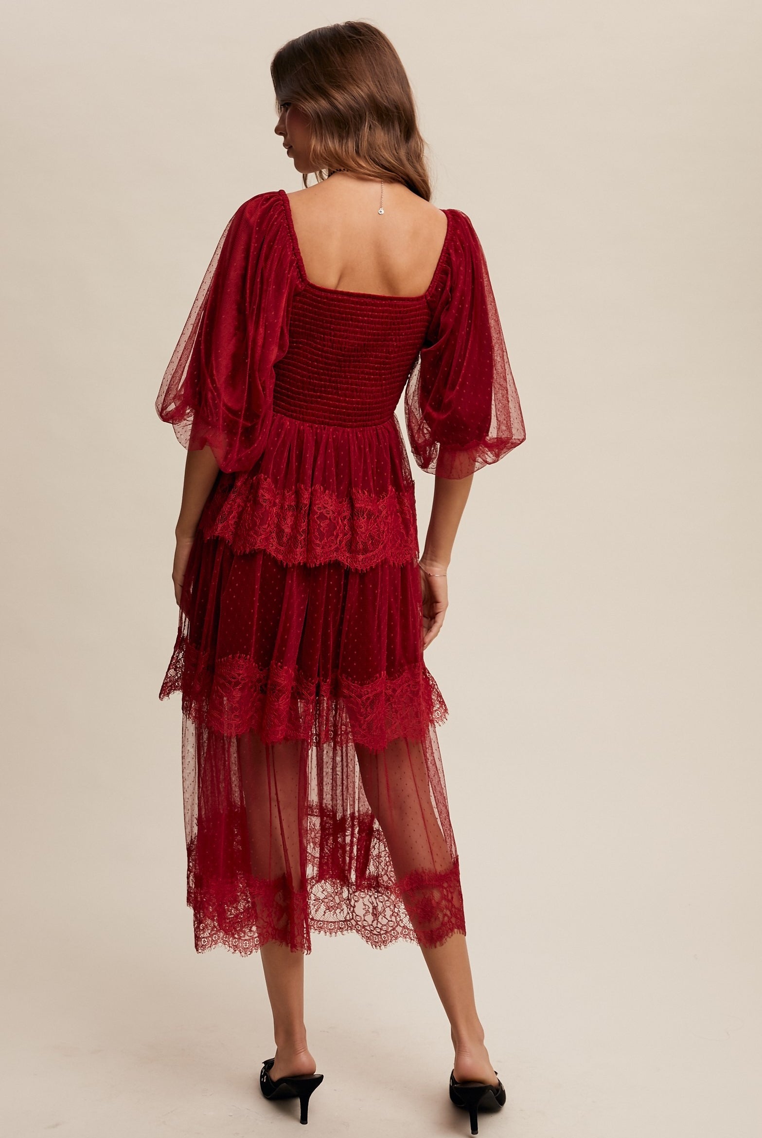 Tiered Lace and Velvet Bustier Midi Dress with Puff Sleeves - Listicle - RARA Boutique