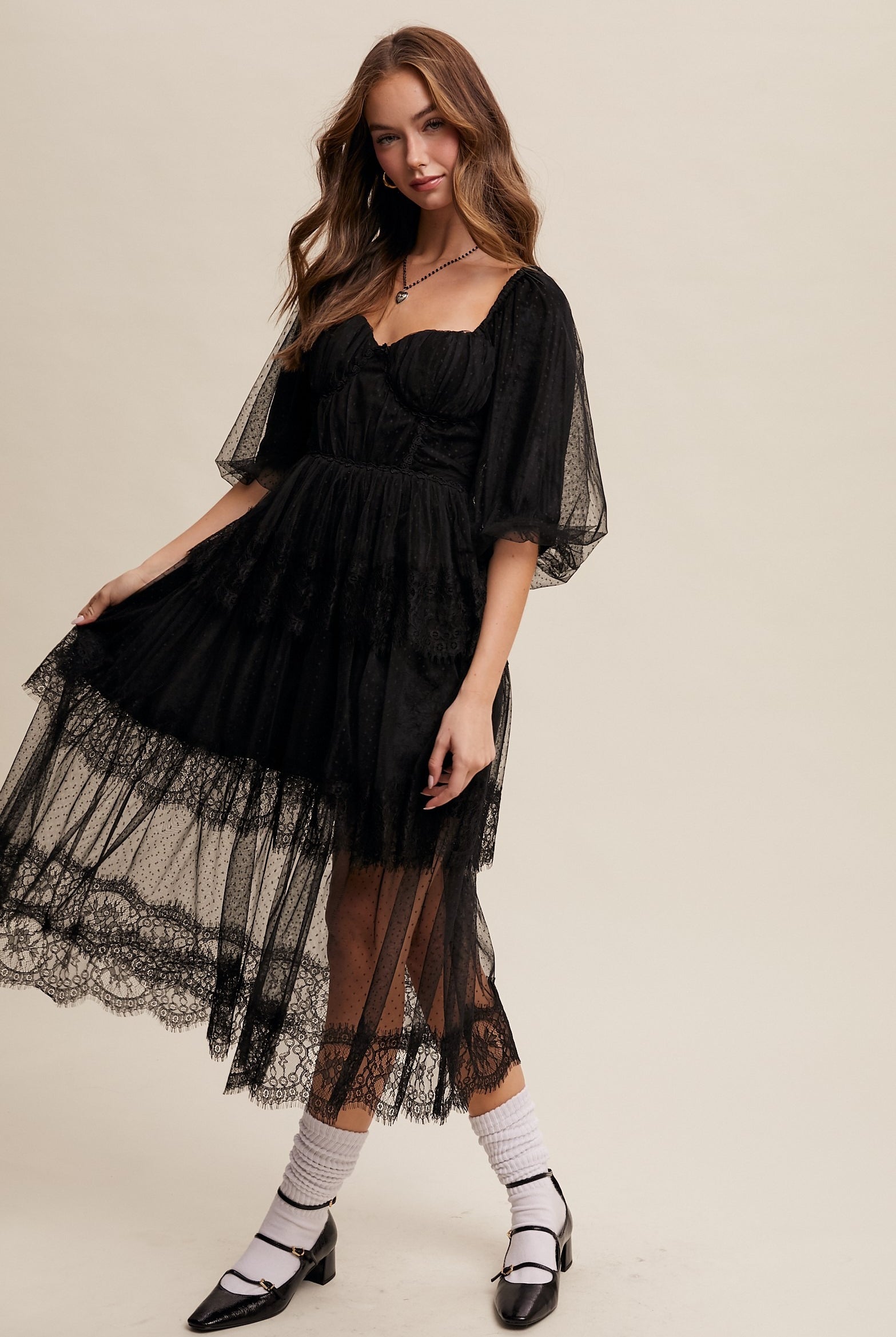 Tiered Lace and Velvet Bustier Midi Dress with Puff Sleeves - Listicle - RARA Boutique