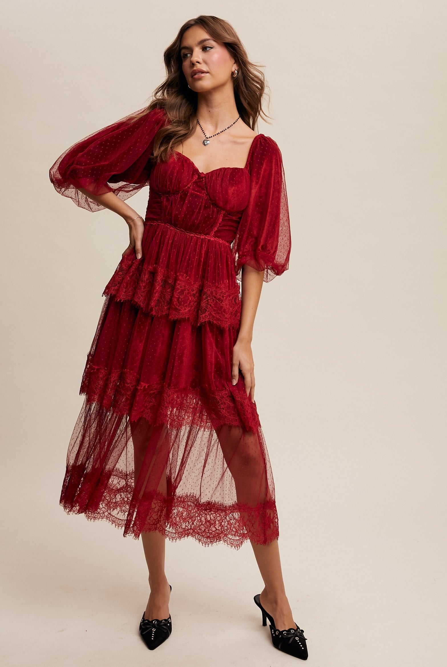 Tiered Lace and Velvet Bustier Midi Dress with Puff Sleeves - Listicle - RARA Boutique