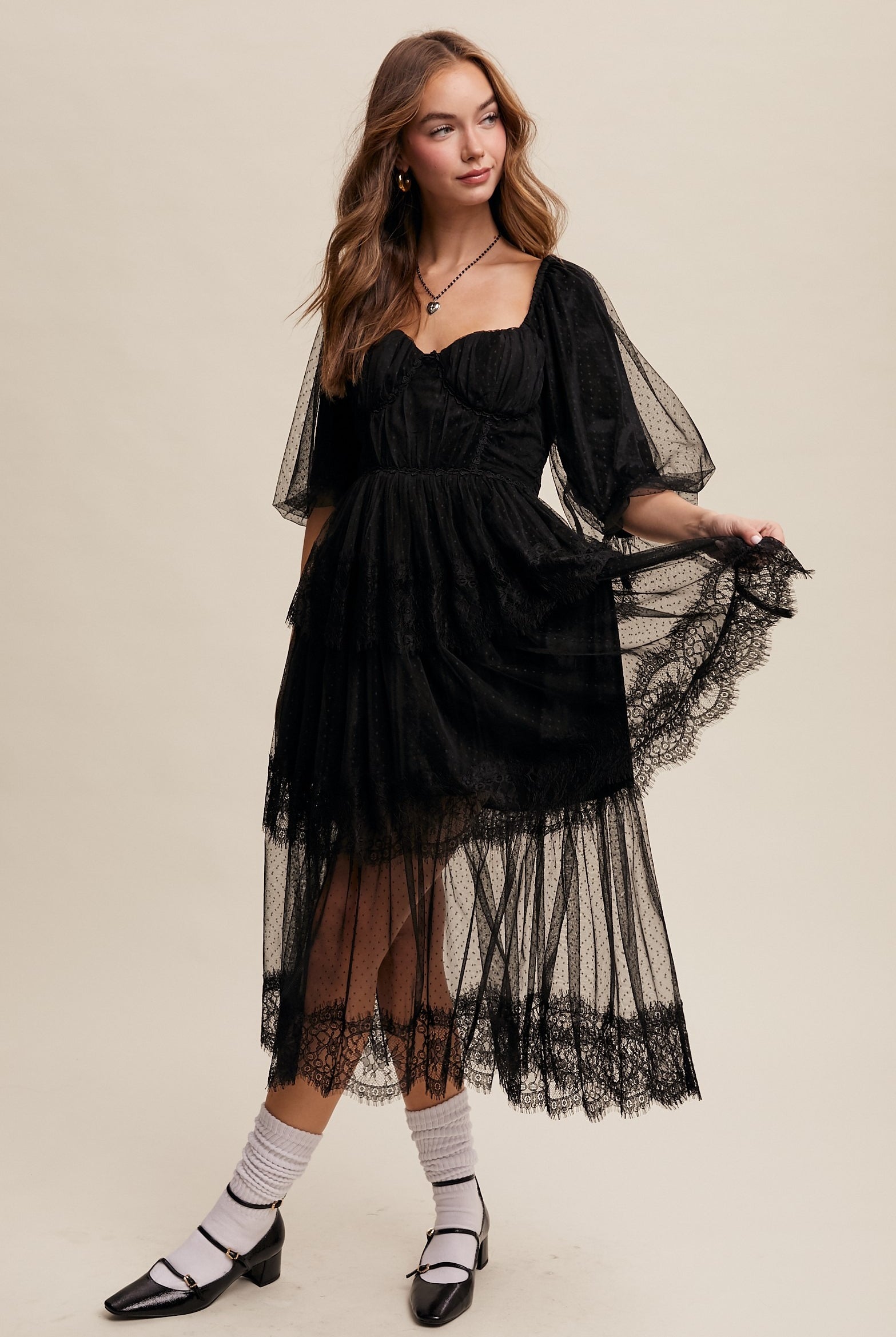Tiered Lace and Velvet Bustier Midi Dress with Puff Sleeves - Listicle - RARA Boutique