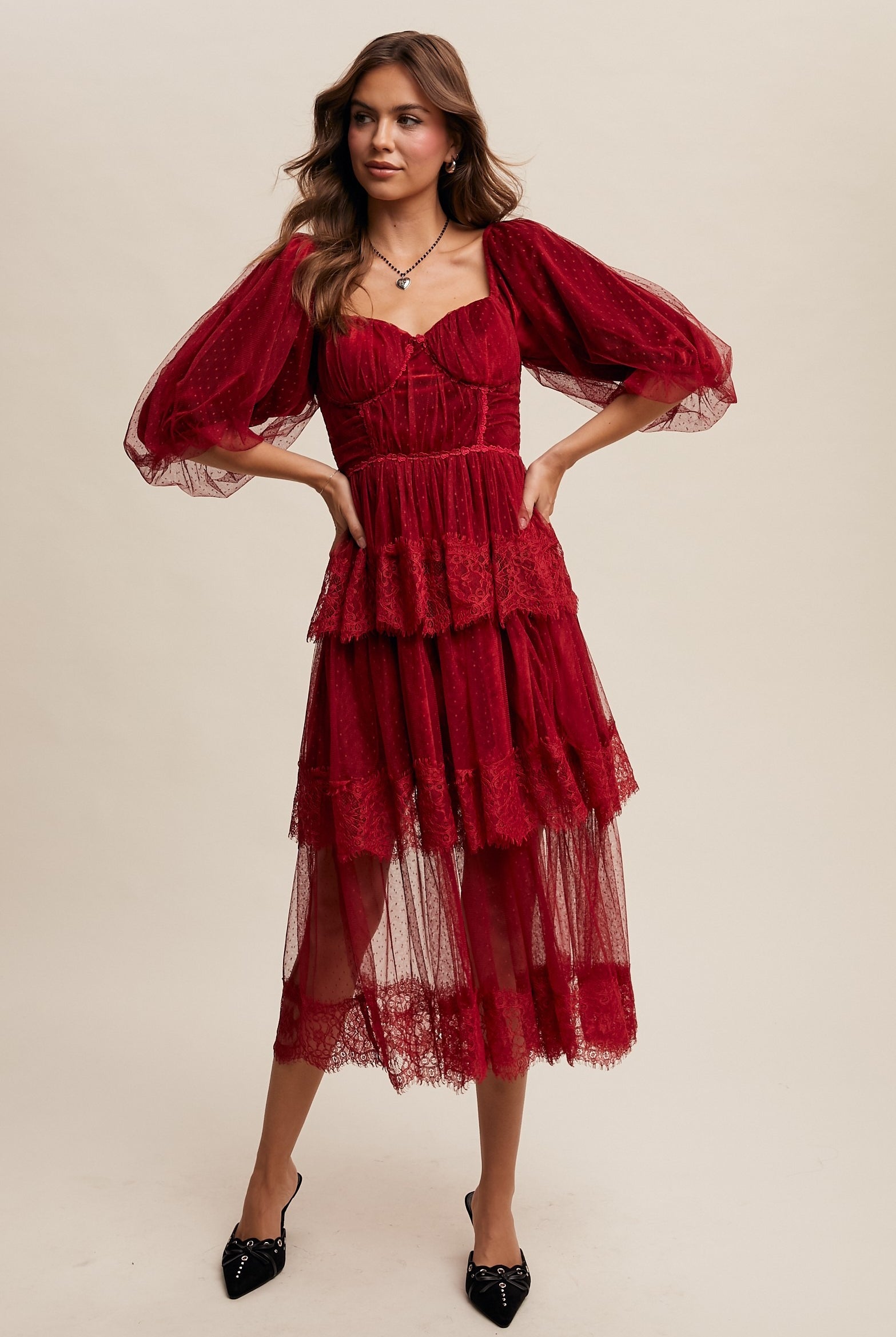 Tiered Lace and Velvet Bustier Midi Dress with Puff Sleeves - Listicle - RARA Boutique